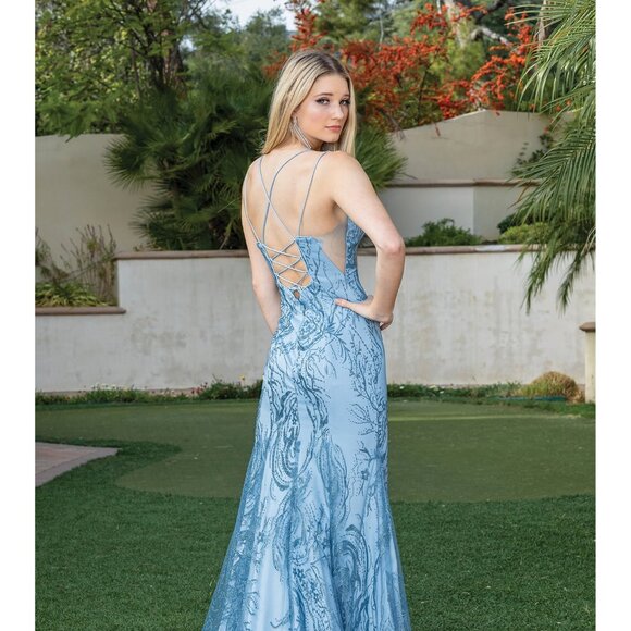 New Sequins Embellished Sheath Elegant Dress w/ Lace Up Back & Leg Slit DQ 4302 - Picture 4 of 9